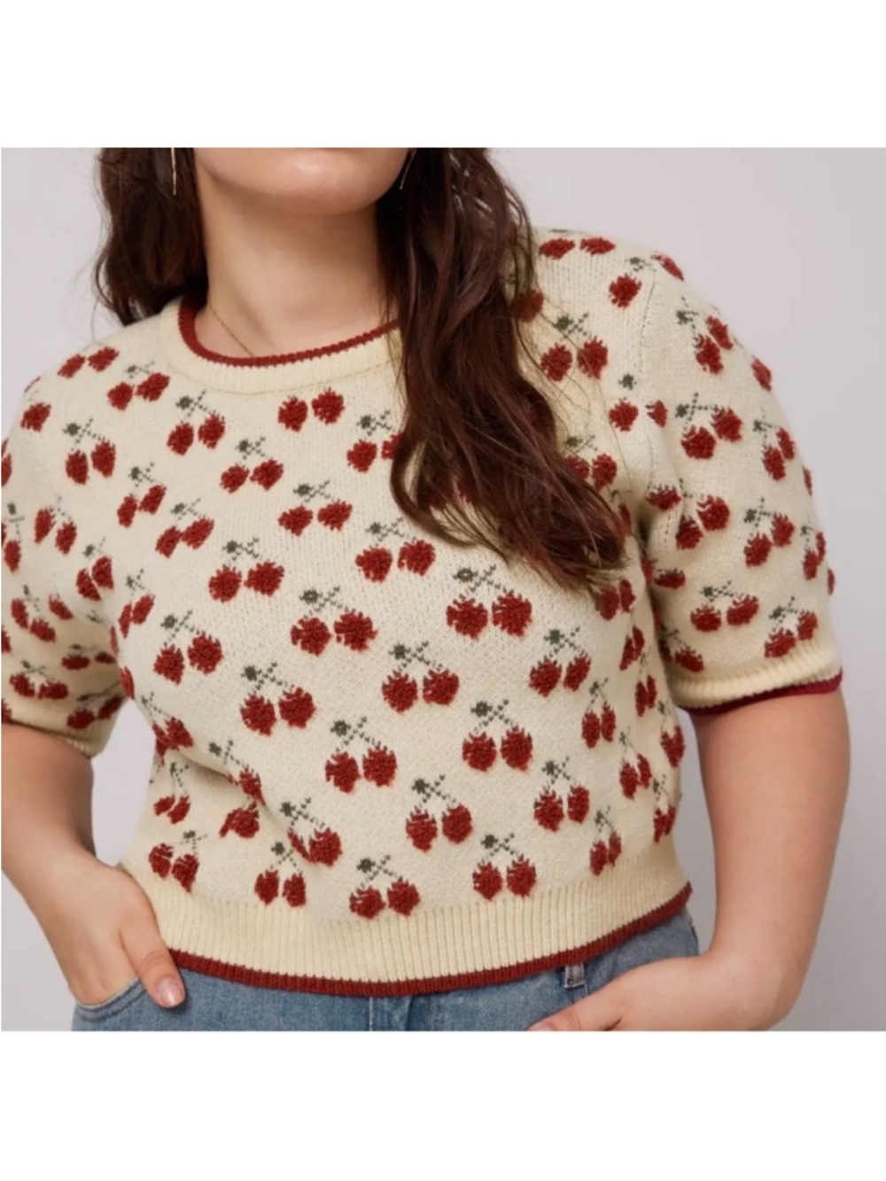 Cider Cream Knit Scoop Neck Sweater with Red Cherries Motif Size XL - Picture 2 of 7